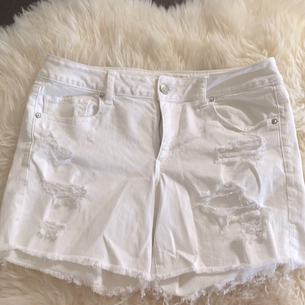 American Eagle white denim distressed midi shorts